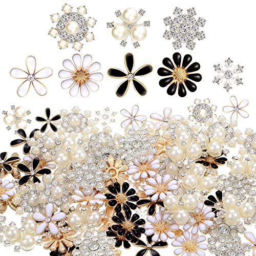 80 Pieces Rhinestone Buttons Embellishments Buttons Faux Pearl Buttons Flat Back Flower Rhinestone Buttons for Jewelry Making DIY Craft Wedding Party Home Decoration Hair Accessory (Classic Style)