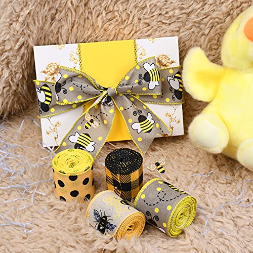 MAYWARD 4 Rolls Bumble Bee Ribbons Wired with 10pcs Bee Charms Pendants, 2.5in x 26 Yards Yellow Gingham Ribbon Polka Dot Wired Edge Ribbon Decorative Ribbon for Crafts, Bows, Wreaths, Gift Wrapping