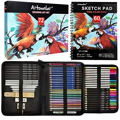 Artownlar 72 Pack Drawing Sketching Set with 8x11" Sketchbook | Pro Art Supplies Kit for Artist Adults Teens Beginners | Video Tutorial,Charcoal, Watercolor & Metallic Colored Pencils in Gift Case