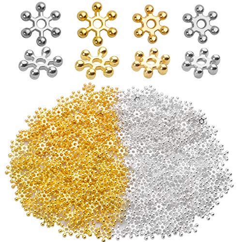 400pcs Snowflake Spacer Beads Flat Metal Spacers for Bracelet Necklace Jewelry Making, 6mm/8mm Diameter,Bright Silver & Bright Gold