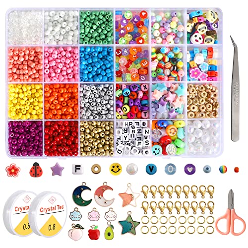 2989pcs 4mm Seed Beads for Bracelets Making, Colorful Candy Beads Kids Cute Polymer Letter Spacer Smiley Face Beads Hair Beads for Kids Crafts Pearl Rainbow Bead Girls Jewelry DIY Making Beading Kit