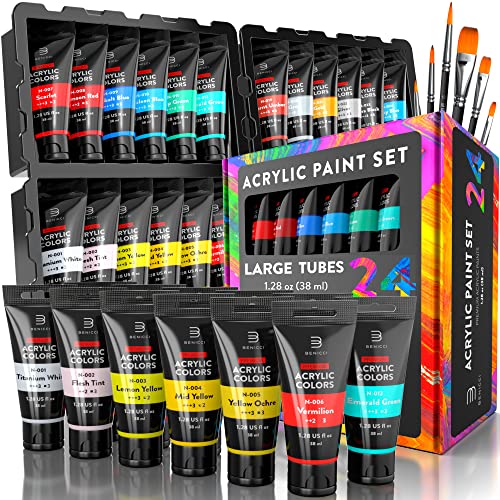 Premium Quality Acrylic Paint Set 24 Colors - 1.28oz (38ml) - with 6 Nylon Brushes - Safe for Kids & Adults - Perfect Kit for Beginners, Pros & Artists to Create Amazing Paintings and Artwork