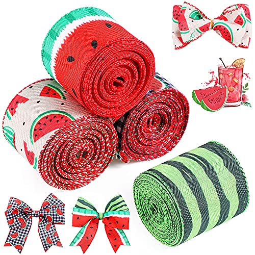 28 Yards 2.5 Inch Watermelon Wired Edge Ribbon Watermelon Print Summer Ribbons Watermelon Slices Plaid Ribbon Stripe Craft Ribbon for Wrapping Thanksgiving Summer Home DIY Crafts Decoration, 4 Rolls
