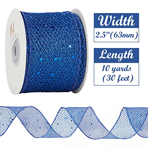 HUIHUANG Royal Blue Wired Ribbon Glitter Web Mesh Ribbon Metallic Sparkling Wire Edge Ribbon for Christmas Gift Wrapping Tree Decor Wreaths Making Bows Home Decor DIY Crafts -2.5" x 10 Yards