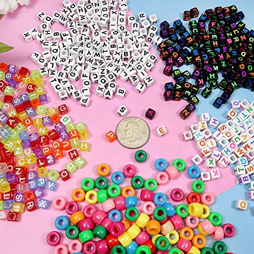 TOAOB 1200pcs 4 Colors Acrylic Alphabet Beads for Bracelets Making Mixed Cube Beads Letter Pony Beads with 1 Roll Elastic String for Jewelry Making