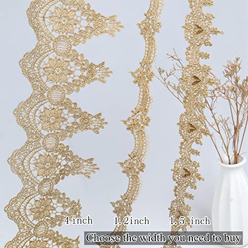 IDONGCAI Gold Lace Trim Metallic Gold Venice Lace/Alencon Lace/Gold Venice Lace for Bridal, Dance Costume, Sewing, Jewelry and Crafts 3 Yards (4 inch)
