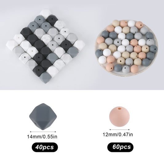 SAVITA 100pcs 12mm Silicone Round Bead, 14mm Hexagon Beads, Silicone Beads Bulk Silicone Beads Making Kit for Keychain Jewelry DIY Crafts Making