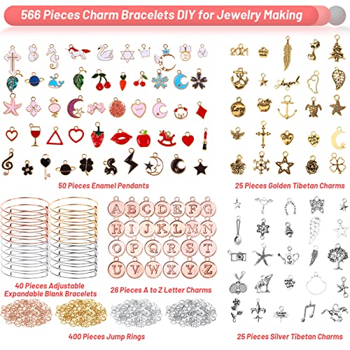 566 Pieces Bangles Bracelet Making Kit with 40Pcs Expandable Bangle Adjustable Wire Bracelets, 126Pcs Assorted Bangle Charm Pendants and 400Pcs Jump Rings for DIY Bracelet Jewelry Making Supplies