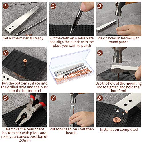 Red Copper Rivet and Burr with Stainless Steel Burr Setter Copper Rivet Fastener Install Setting Tool and Hole Punch Cutter DIY Leather Kit for Belts Wallets Collars Leather Products Craft Making