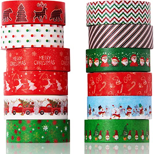 12 Rolls Christmas Holiday Washi Tape 15 mm Wide Winter Washi Masking Tape Snowflakes Christmas Tree Stripe Tape Decorative Self-Adhesive Tape for DIY Crafts Scrapbooking Present Wrapping Party Favors