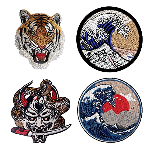 Pounchi Japan Applique Embroidered Iron On Patches(4Pcs) Iron On Sew On Hannya Oni Mask Patch Great Wave Off Kanagawa Patch Embroidered Applique Badge Emblem for Jackets Jeans Pants Backpacks Clothes