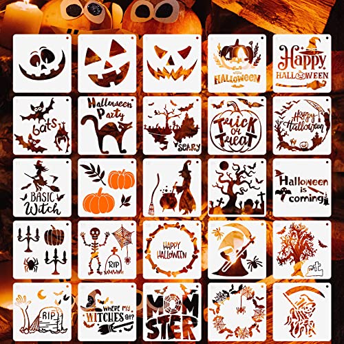 25pcs Halloween Stencils Reusable, 6x6"Halloween Stencils for Painting on Wood, Plastic Drawing Painting Spraying Template for Greeting Cards, Halloween Craft Ornaments Wall Window Door DIY Decoration