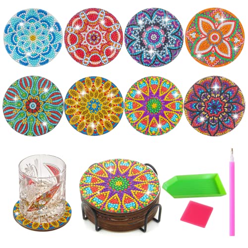 8 Pieces Diamond Art Coasters with Holder, Arts and Crafts for Adults Diamond Painting Kits, DIY Mandala Coasters for Crafts