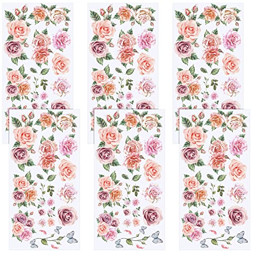 6 Sheets Roses Rub on Transfer Floral Butterfly Rub on Transfers for Furniture Vintage Rose Flower Decal Stickers for Wood Furniture Flower Craft Wedding Decor, 6 x 12 Inches
