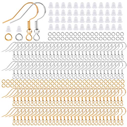 1200PCS 925 Sterling Silver Ear Wire Earrings Making Supplies Kit, Silver Hypoallergenic Earring Fish Hooks, Jump Rings Clear Silicone Earring Backs for DIY Jewelry Making (Silver and Gold)