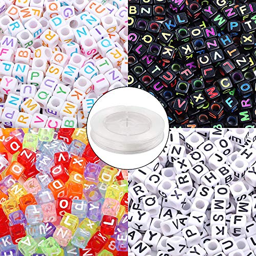 Quefe 1000pcs Letter Alphabet Beads，4 Color 6mm Cube Acrylic Letter Beads with 50 Meters Elastic String Crystal Cord for Jewelry Making, Necklace, Bracelets
