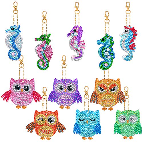 11 Pieces DIY Diamond Painting Keychains Full Round Drill 5D Diamond Painting Pendant Owl and Sea Horse Shaped Diamond Painting Pendant Ornaments for Art Craft, Key Ring, Phone Charm, Bag Decor