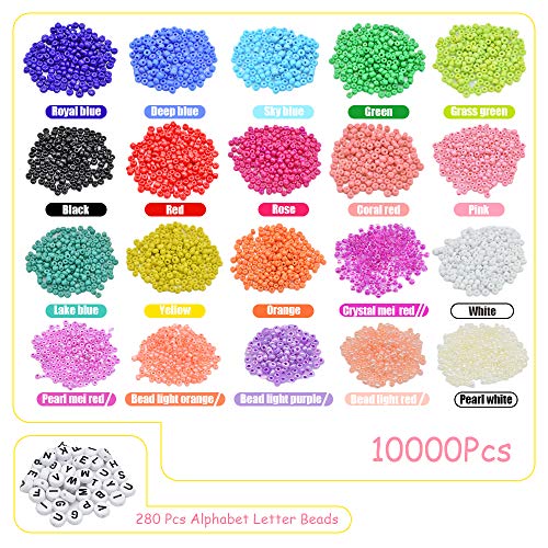 Beads for Bracelets Kit 10000pcs 3mm Glass Seed Beads Multi Color and 280pcs Alphabet Letter Beads for DIY Jewelry Name Bracelets Making and Crafts