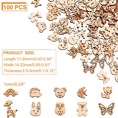 arricraft 100 Pcs Animal Style Wooden Sewing Buttons, 2-Hole Rabbit Butterfly Bear Sewing Buttons, Unfinished Wood Decorative Buttons for Sewing Crafts Christmas Decorations- Peru