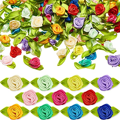 300 Pieces Mini Ribbon Roses for Crafts Artificial Fabric Flowers with Green Leaves Mixed Color Rosettes Small Flower Ribbons Mini Craft Roses for Sewing Craft Bows Wedding Festival Decor, 14 Colors