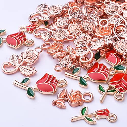 Aylifu 60pcs Enamel Rose Flower Charms Alloy Flower Beads Pendants Romantic Charms for DIY Necklace Bracelet Earrings Crafts Jewelry Making Valentine's Day Birthday