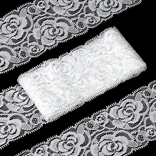 Stretch Lace Ribbon White Lace Fabric, Elastic Lace Ribbon Trim, Floral Sewing Lace Crafts Decorating, 2.2 Inch ✖ 10 Yards (White)
