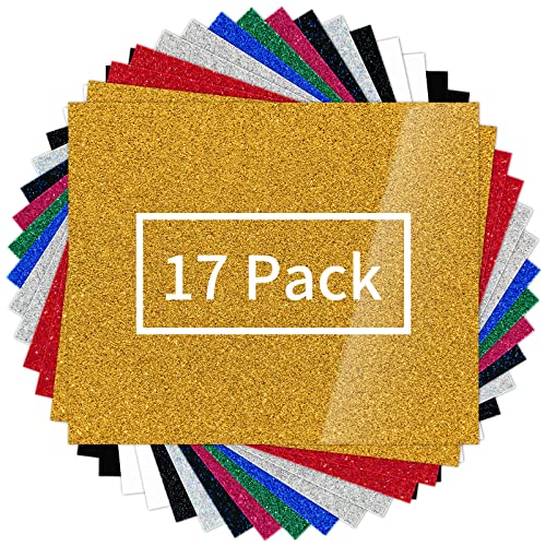 VinylRus Glitter HTV Heat Transfer Vinyl Bundle for Shirts - 17 Sheets 12"×10" Iron on Vinyl Including 11 Assorted Colors and 1 Teflon Sheet, Easy to Cut & Weed