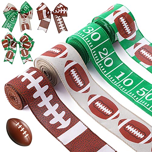 28 Yard 2.5 Inch Football Wired Edge Ribbon Sport Ball Wired Edge Ribbon Football Pattern Ribbon Fabric Burlap Natural Wrapping Ribbon for Present Wrapping DIY Craft, 4 Rolls