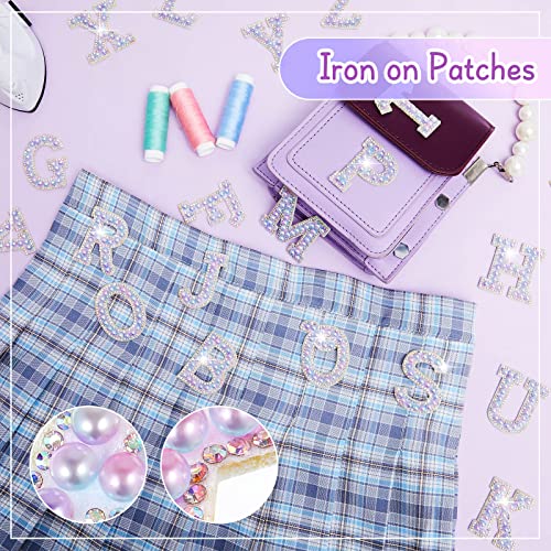 52 Pcs Iron on Letters Pearls Rhinestone English Patches Alphabet A-Z Glitter Pearl Sew On Patches Imitation Bling Decoration Patches Appliques Fabric Craft for DIY Clothes Bags Hats (Delicate Style)