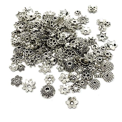 JIALEEY Wholesale Bulk Lots 150Pcs 30 Style Tibetan Silver Bead Caps Mixed for DIY Jewelry Making, Bali Style 5-10mm