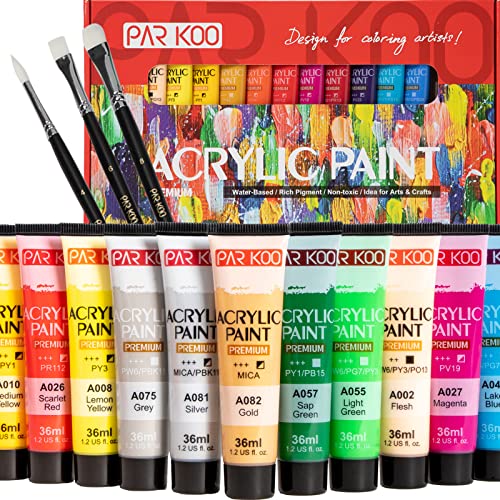 Parkoo Artist Quality Acrylic Paint Set, 24 Vibrant Colors with 3 Brushes, 1.2 oz/36ml Tubes, Kids Adult Painting, for Canvas, Wood, Ceramic, Fabric, Non Toxic Fading