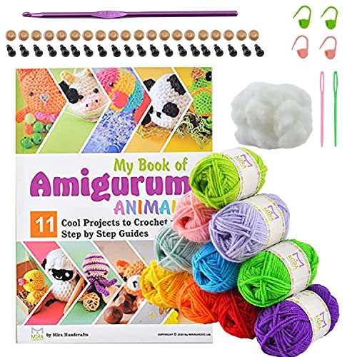Crochet kit for Beginners | Learn to crochet Animals from Step-by-step amigurumi guide book | Includes 32 colored yarn skeins (700 yards), Crochet Hook, Needles, Fiber Stuffing, and other Accessories