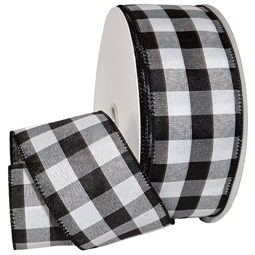 Morex Ribbon 7398.60/50-613 Cambridge 2.5" X 50 YD Wired Ribbon, Black and White, Buffalo Check Plaid Ribbon for Gift Wrapping, Christmas Decorations Indoor Home Decor, Craft Supplies & Materials