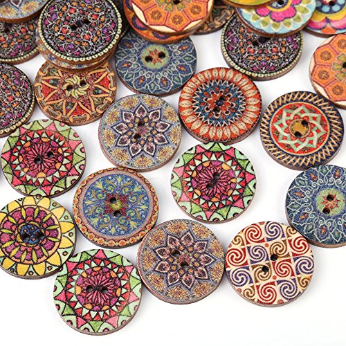 100Pcs 1 inch Mixed Pattern Vintage Wooden Buttons with 2 Holes DIY Sewing Craft Decorative for Clothes Hats Shoes Kintwear