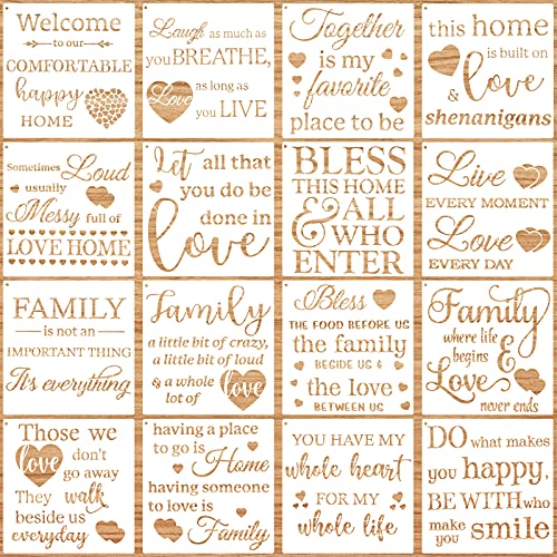 16 Pieces Inspirational Word Stencils Family Sign Stencils Reusable Painting Stencils Love Home Template with Metal Open Ring for Painting on Wood, Porch, Front Door, Wall Decor (7.87 x 7.87 Inch)