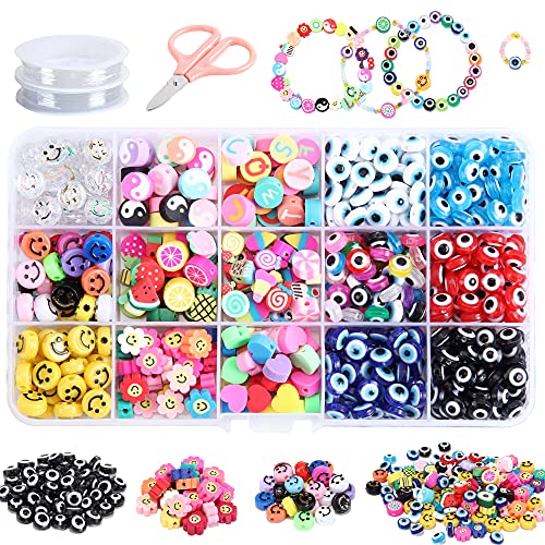 420PCS Fruit Smiley Face Handmade Polymer Clay Beads Kit 15 Styles Letter Beads Evil Eye Beads for Women Girls Jewelry Making DIY Bracelet Necklace Earring Accessories with Crystal Elastic String
