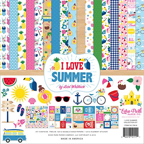 Echo Park Paper Company I Love Summer Collection Kit paper, pink, teal, green, yellow, blue, red 12-x-12-Inch
