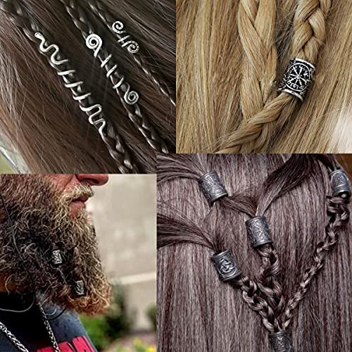 81Pcs Hair Tube Beads Norse Vikings Runes Hair Beard Beads for Bracelets Pendant Necklace DIY,Braiding Beads for Hair Braids Viking Beads Kits(Include 2Pcs Pull Hair Pin & Viking Suede Bag)