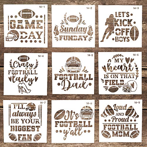 DIY Decorative Reusable Football Sports Letter Stencil Template for DIY Crafts Scrabooking Painting on Cake, Wood,Canvas,Floor,Wall,Tile ( 5.9 x 5.9 Inch), Set of 9