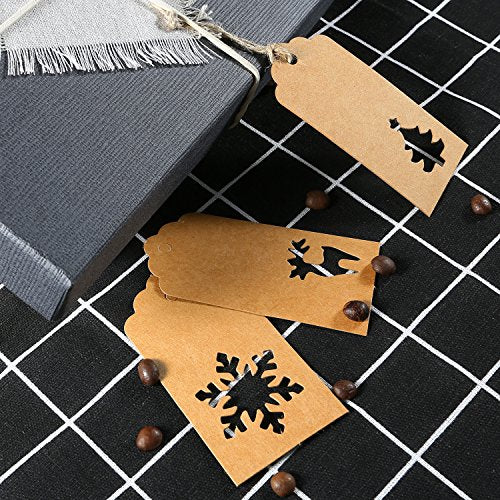 Aneco 150 Pieces Paper Tags Kraft Christmas Tags Hang Labels Christmas Tree Snowflake Reindeer Design for Christmas Gift Favor,DIY Arts and Crafts Wedding Supply with 30 Meters Twine