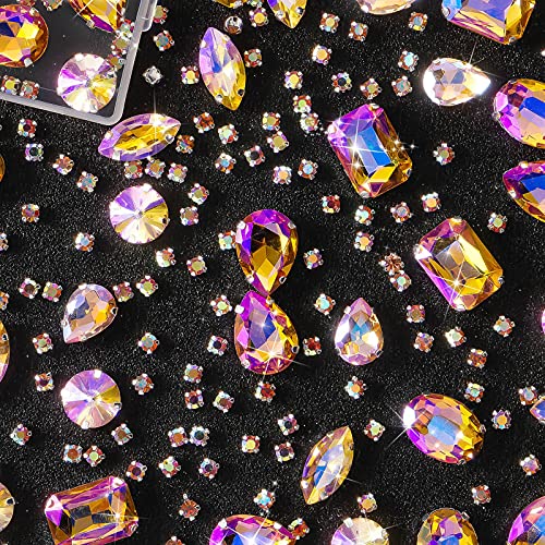 WILLBOND 156 Pieces Sew on Rhinestones Claw Flatback Crystal Rhinestones Metal Prong Setting Rhinestones Acrylic Glass Sewing Gems for Clothes DIY Craft Shoes Dress Jewelry Making (Golden AB)