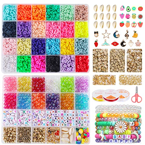 6100pcs Clay Beads for Bracelets Making,24 Colors Flat Round Polymer Clay Beads 6mm Spacer Heishi Beads with Letter Beads,Pearl Beads,and Various Jewelry Accessories