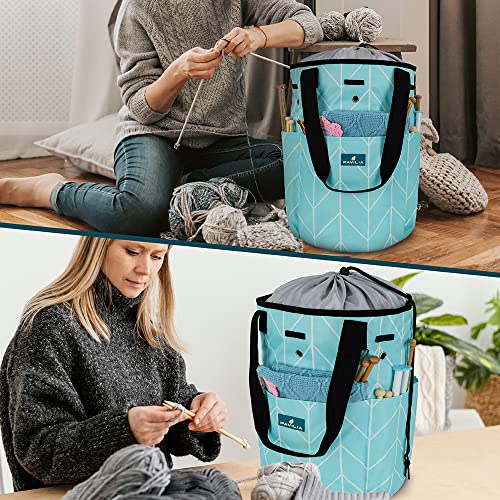 PAVILIA Knitting Bag Yarn Storage Tote - Crochet Organizer Bag, Yarn Storage Holder for Knitting Accessories, Yarn Skiens, Needles, Hooks, Unfinished Project, with Grommets (Chevron Teal)