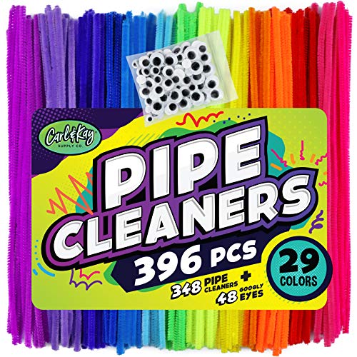 Carl & Kay 348 Pipe Cleaners & 48 Googly Eyes - Chenille Stems Pipe Cleaners Craft - Colorful Pipe Cleaners for Crafts - Colored Pipe Cleaners for Kids - Bulk Pipe Cleaners - Soft Fuzzy Chenille Stems