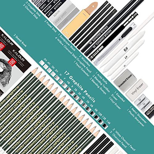 KALOUR 52-Pack Sketch Drawing Pencils Kit with Two Sketchbook,Tin Box,Include Graphite,Charcoal and Artists Tools,Pro Art Drawing Supplies for Adults Beginner Kids