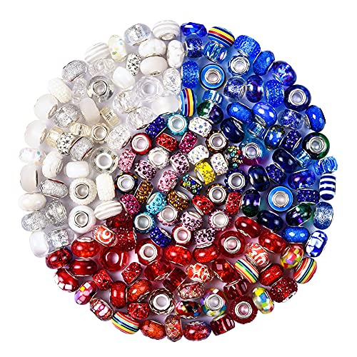 Aipridy Assortment European Large Hole Beads Spacer Beads Rhinestone Craft Beads for DIY Charms Bracelet Jewelry Making (Blue-Red-White)