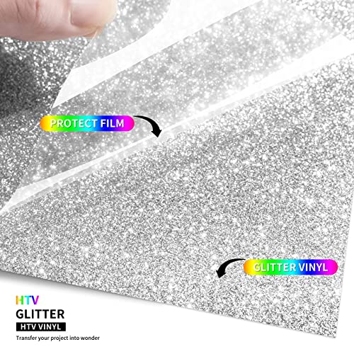 TransWonder Silver Glitter HTV S Glitter Heat Transfer Vinyl - 12in.x5ft Glitter Iron on Vinyl for Cricut T Shirts Gifts for Christmas (Silver)