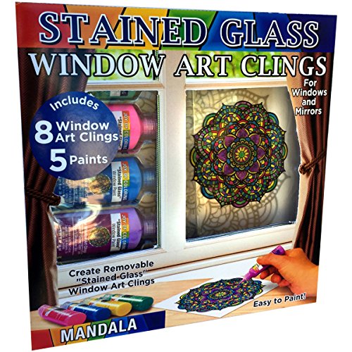 ZORBITZ Joy of Coloring Stained Glass Window Art Clings DIY Kit,8 Clings& 5 Paints,4 Gorgeous,Intricate Mandala Designs,Designed Paint,Removable Clings, Sticks to Any Glass Surface,13 Piece Set,(2680)