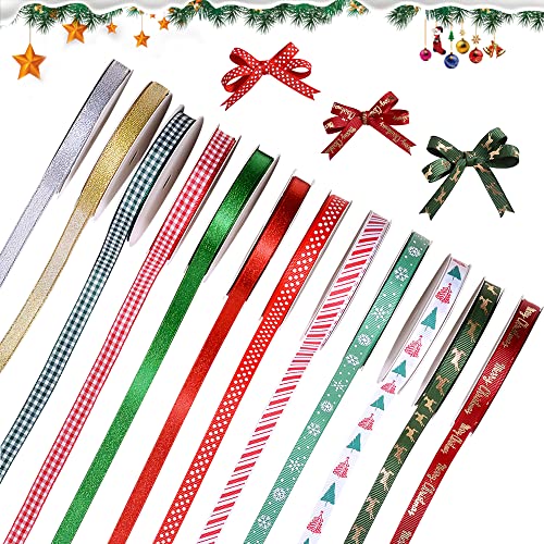 Ribest Christmas Ribbon Grosgrain Ribbon 3/8" Xmas Ribbon Set for Gift Wrapping Bows Making Crafts Holiday Décor