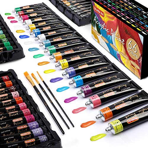 Acrylic Paint Set, Shuttle Art 66 Colors 22ml/Tube with 3 Paint Brushes, Professional Quality, Rich Pigments, Non-Toxic for Artists Beginners and Kids Painting on Canvas Wood Clay Fabric Ceramic Craft